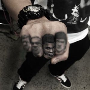 Muhammad Ali Mini portrait Tattoo by Ron @Ronstagram #MuhammadAli #MuhammadAliTattoo #CassiusMarcellusClay #CassiusClayTattoo #Tribute #GOAT #TheGreatest