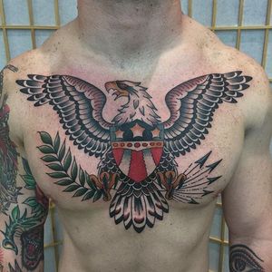 Eagle Sheild Tattoo by Drake Sheehan #eagle #traditional #traditionalartist #oldschool #boldwillhold #DrakeSheehan