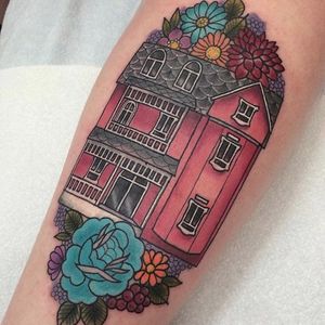 House tattoo by Ashley Luka. #AshleyLuka #house #home #architecture #flowers #colortattoo