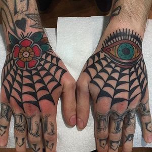 Spider Web Tattoo by Jamie Greaves #spiderweb #hand #traditional #JamieGreaves
