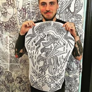 One of Joel Soos' clients shows off the stencil for his backpiece. (via IG—joel_soos) #JoelSoos #Backpiedce #Bodysuit #Huge #Stencil