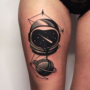 Space themed tattoo by Denis Marakhin #maradentattoo #black #blackwork #blackandgrey #oddtattoo #space #denismarakhin #maraden