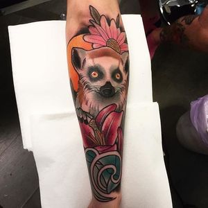 Floral lemur forearm tattoo by Robert Valley. #neotraditional #flowers #floral #lemur #RobertValley #animal #nature