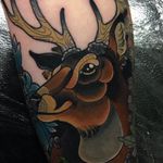 Stag head tattoo by Robert Oldfield, photo from Instagram @racotattoo #RobertOldfield #neotraditional #stag #deer #animalhead