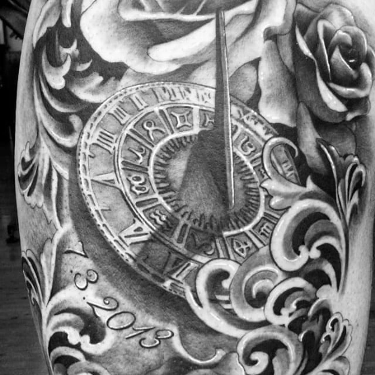 Tattoo uploaded by Stacie Mayer • Roses and sun dial tattoo by Karlee ...