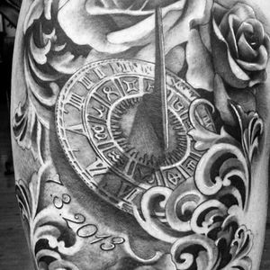 Roses and sun dial tattoo by Karlee Sabrina. #realism #blackandgrey #sundial #rose #filigree #KarleeSabrina