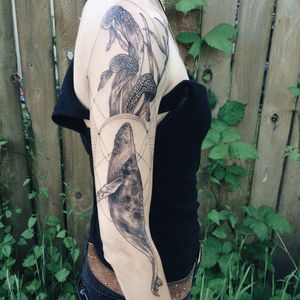 Whale tattoo by Pony Reinhardt. #floraandfauna #PonyReinhardt #whale #flora #fauna #blackwork #lithograph #woodcut