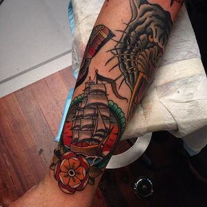 Traditional sailing ship tattoo. Traditional tattoo by Emmet Jace. #traditional #ship #boat #EmmetJace