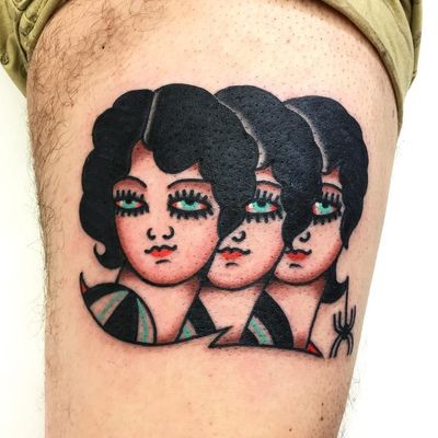 Ladies of the Night tattoo by Teide #Teide #favoritetattoo #ladyheads #color #traditional #surreal #spider #eyes #lips #face #ladies