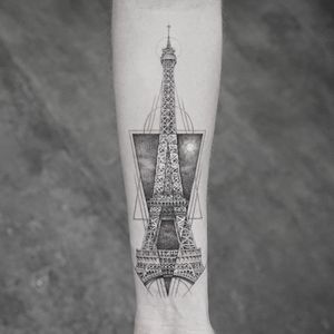 Eiffel Tower tattoo by Mr K #MrK #architecturetattoos #blackandgrey #linework #fineline #EiffelTower #Paris #France #building #tower #moon #sky #shapes #dotwork #tattoooftheday