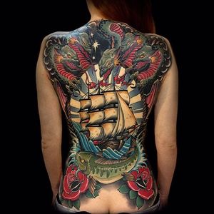 Ship Tattoo by Rakov Serj #NeoTraditional #NeoTraditionalTattoos #RussianTattoo #ModernTattoos #ExcitingTattoos #ship #maritime #dragon #fish #rose #fullback #RakovSerj
