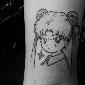 Usagi tattoo by Jess Oxley #JessOxley #sailormoontattoos #linework #dotwork #illustrative #anime #manga #sailormoon #usagi #eating #stars #ladyhead #portrait