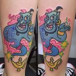 Tattooed genie tattoo by @pikkapimingchen #cartoonstyle #cartoon #neotraditional #bright_and_bold #genie #aladdin #magiclamp