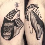 Surrealistic animal tattoos by Abes #Abes #blackwork #surrealistic #gorilla #whale #stairs #animal