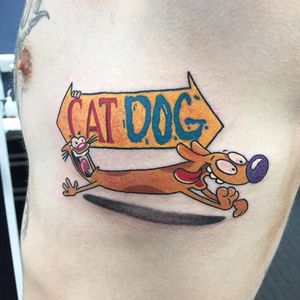 Catdog tattoo by Mahala. #catdog #nickelodeon #cat #dog #cartoon