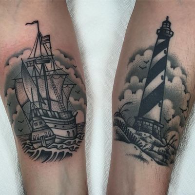 The light to guide the ships at sea. Tattoo by Tony Talbert. #TonyTalbert #tonytrustworthy #sailortattoos #blackandgrey #traditional #ocean #sea #ship #waves #lighthouse #sky #birds #landscape #seascape