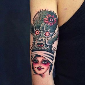 Awesome girl head with a cactus monster plant on her head. Insane tattoo by Anem. #Anem #traditionaltattoo #girl #girltattoo #cactus #traditional #traditionalgirl #girlhead