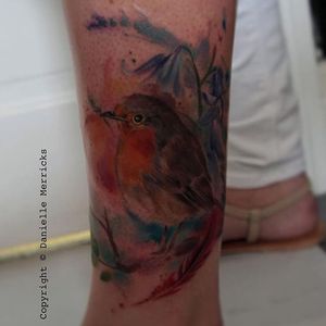 Watercolor robin by Danielle Merricks. #watercolor #inksplatter #bird #robin #DanielleMerricks