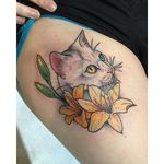 Cat portrait with tiger lilies. Tattoo by Torrie Wartooth. #cat #flower #tigerlily #neotraditional #TorrieWartooth