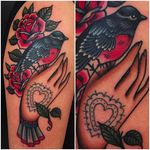 Bird, rose and tattooed hand tattoo by Moira Ramone #moiraramone #neotraditional #traditional #25toLife #rotterdam #hand #bird #rose