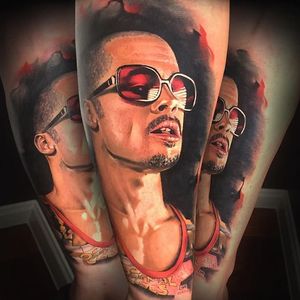 Fight Club's Tyler Durden tattoo by Benjamin Laukis. #realism #colorrealism #portrait #FightClub #BradPitt #TylerDurden #BenjaminLaukis