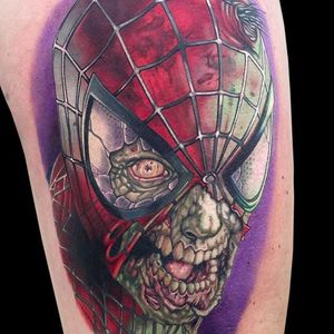 Spiderman Tattoo by Tony Sklepic @Tonysklepictattoo #Tonysklepictattoo #Realistic #Newschool #Edmonton #Alberta #Canada #Spiderman