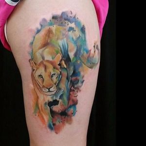 Watercolor lioness tattoo by Robbie Hernandez #lioness #lion #RobbieHernandez #watercolor
