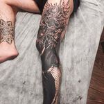 Massive dragon leg tattoo by Chenpo in the works. #chenpo #newtattoo #asianstyle #brushstyle #dragon #ryu #blackandgrey