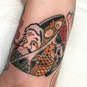 Ramen tattoo by Tom Tom Tattoos #TomTomTattoos #ramentattoos #color #japanese #koi #soup #ramen #pho #peony #egg #narutomaki #portrait #fire #ocean #waves #fish #noodles #foodtattoo