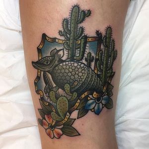 Armadillo tattoo by Jacob Rivera. #neotraditional #flower #cactus #armadillo #JacobRivera