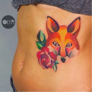 Vibrant fox tattoo, photo from Instagram #watercolor #OlyaLevchenko #fox #rose