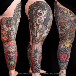 An arcane leg sleeve by Valerie Vargas (IG—valeriemodernclassic). #color #Devil #dragon #skull #sorceress #traditional #ValerVargas #wizard