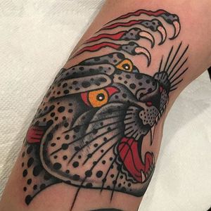 Leopard via instagram mikeyholmestattooing #leopard #traditional #cat #color #bigcat #MikeyHolmes