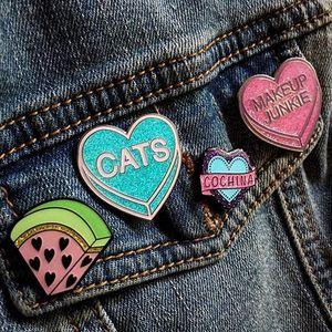 These enamel pins by Alex Strangler look great on denim. #AlexStrangler #enamelpin #cute #girly #pin #cat #watermelon