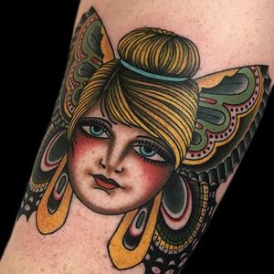 Traditional tinkerbell by Becca Genné-Bacon #beccagennébacon #tinkerbell #color #traditional #butterfly #lady #tattoooftheday