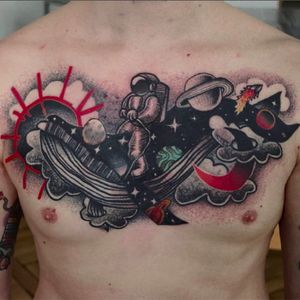 Black and red semi-abstract tattoo by Łukasz Sokołowski. #LukaszSokolowski #semiabstract #blackandred #abstract #graphic #conceptual #space #astronaut