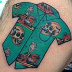 Party shirt tattoo by Andrew Mongenas. #AndrewMongenas #partyshirt #hawaiianshirt #dadshirt #shirt #hawaiian #traditional #volcano #alohashirt #skull #AndrewMongenas