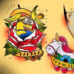 United we geek tattoo flash by Phil Wall. #PhilWall #geek #flash #flashes #geeky #minions #unicorn