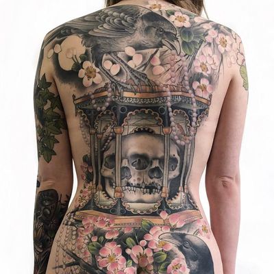 backpiece tattoo by Antony Flemming #AntonyFlemming #best tattoos #color #backpiece #skull #lantern #neotraditional #cherryblossoms #ravens #pearls #pagoda #nature #bird #feathers #wings #tattoooftheday