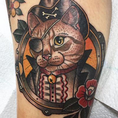 Tattoo by Guen Douglas #GuenDouglas #neotraditional #color #cat #kitty #animal #petportrait #pirate #porthole #ship #pirate #rose #flower #bell #crossbones