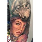 Color realism wolf and ladyhalf sleeve. By Maija Arminen. #realism #colorrealism #MaijaArminen #wolf #woman #lady