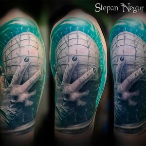 Cool alternative pinhead tattoo than the usual pose by Stepan Negur #hellraiser #CliveBarker #cenobite #horror #pinhead #movie #realism #StepanNegur