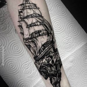Clean looking galleon tattoo. #DmitriyTkach #blackwork #galleon #ship