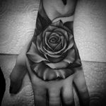 Beautiful rose hand tattoo by Bobby Loveridge @bobbalicious_tattoo #black #blackandgray #churchyardtattoostudio #uk #rose
