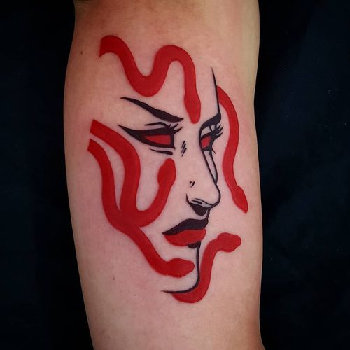 Medusa tattoo by Uve #Uve #graphic #redink #bold #popart #Medusa #portrait #snake #reptile #face #ladyhead #lady #lips #demon #deity #goddess #evil