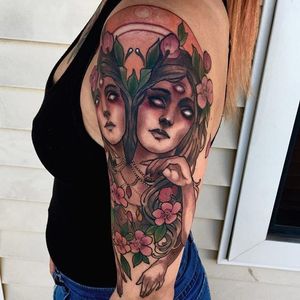 Occult twin women portrait tattoo by Matt Tischler. #MattTischler #neotraditional #portrait #woman #fierce #twins #occult #irisless