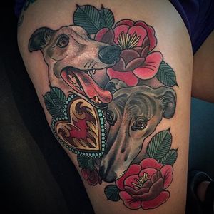 Neo traditional heart, rose and greyhound piece by Missy Rhysing. #dog #greyhound #flower #rose #heart #neotraditional #MissyRhysing