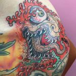 Tattoo by Wendy Pham #WendyPham #TaikoGallery #WenRamen #newtraditional #color #Japanese #mashup #demon #yokai #monster #fangs #blood #eyeball