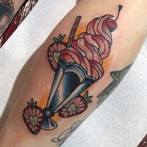 Strawberry milkshake tattoo by Jody Dawber. #JodyDawber #tattooartist #uk #england #milkshake #strawberry #dessert