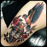 Bird with a lamp tattoo by Leonie New. #LeonieNew #traditional #bird #lamp